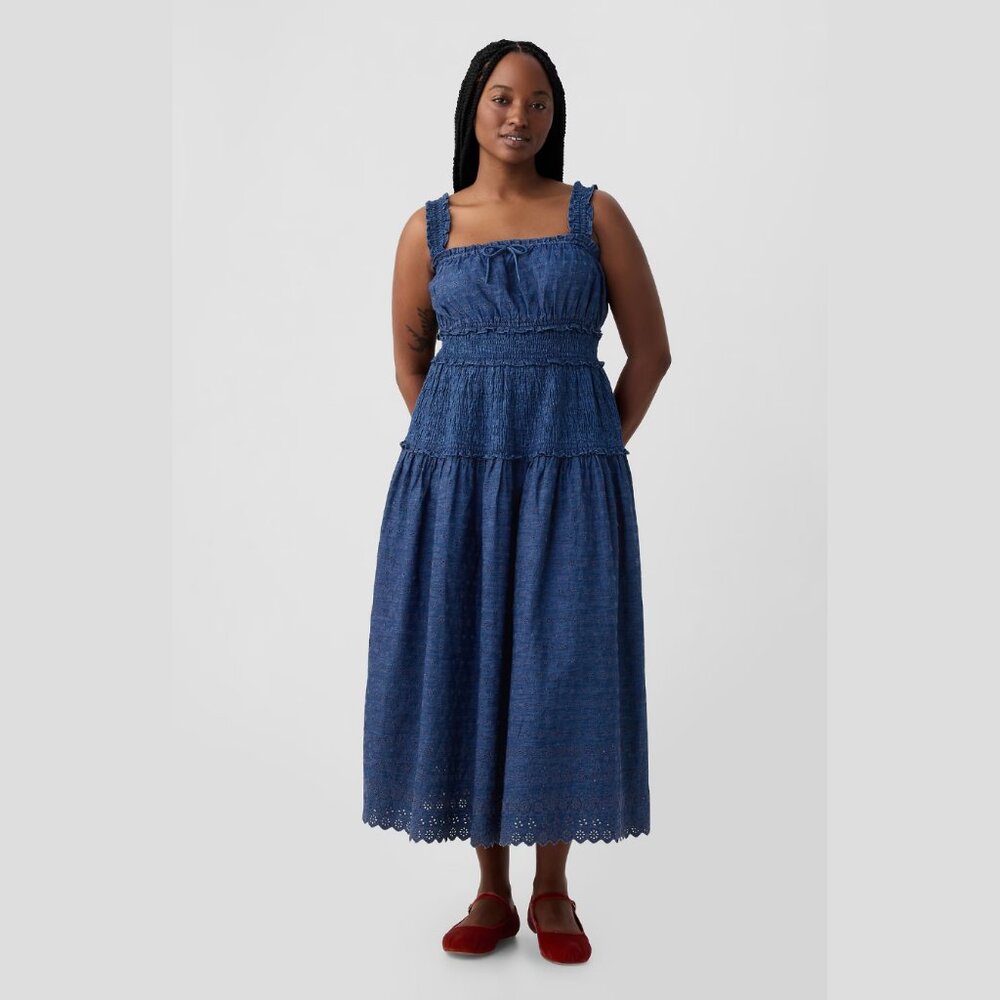 GAP X DÔEN Eyelet Denim Midi Dress in Indigo size L